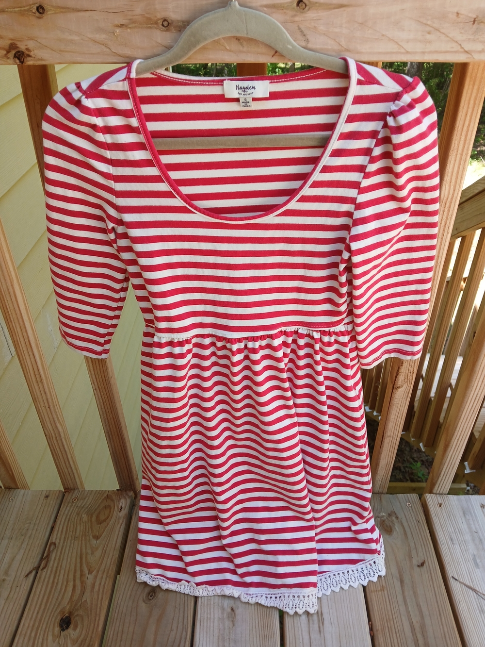 Red and White Striped Midi Dress with Lace Hem
